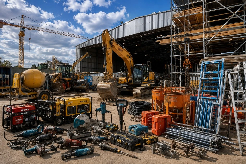 Pátio de locadora com escavadeiras, ferramentas e equipamentos para construção civil